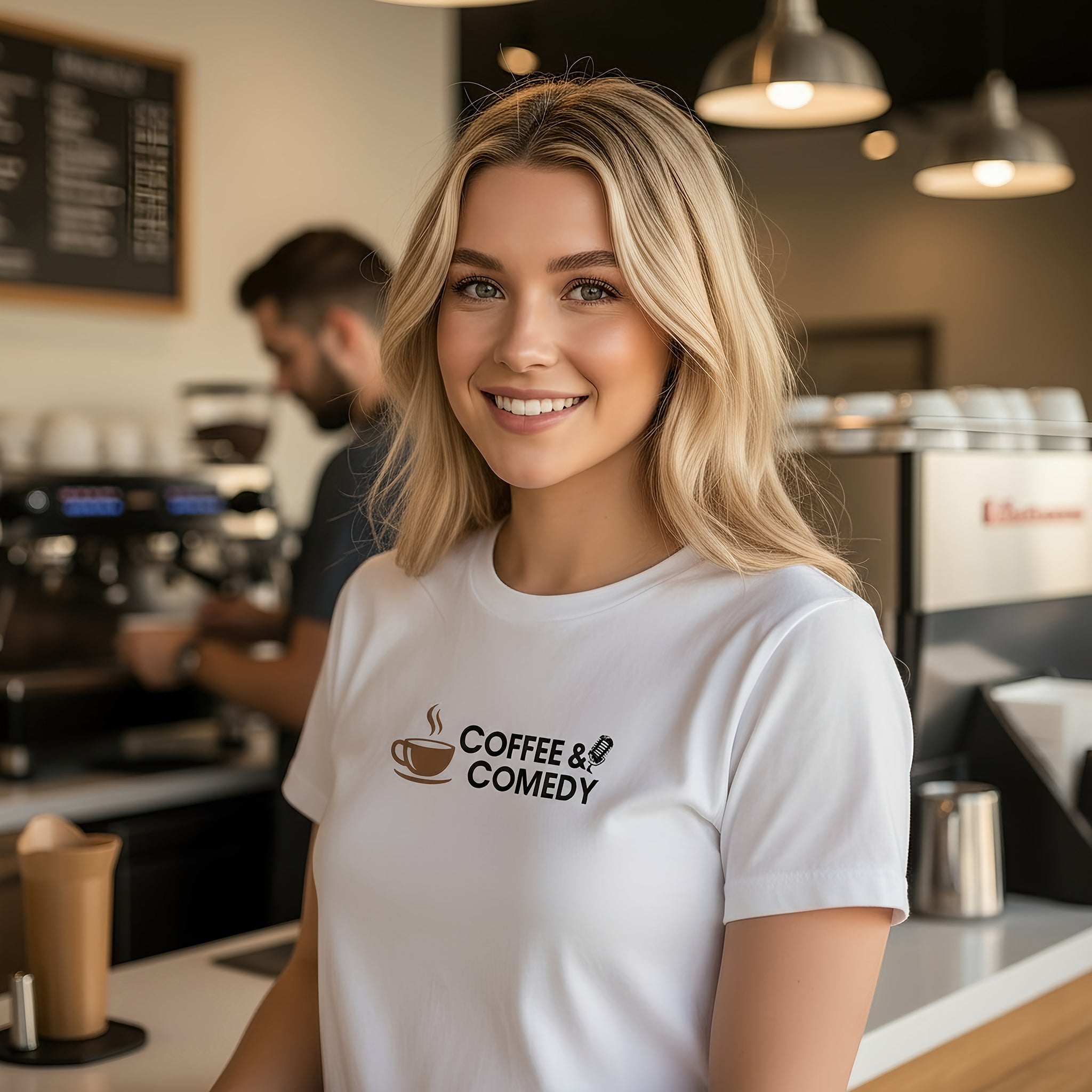 Coffee & Comedy Tee – White Comfort Colors